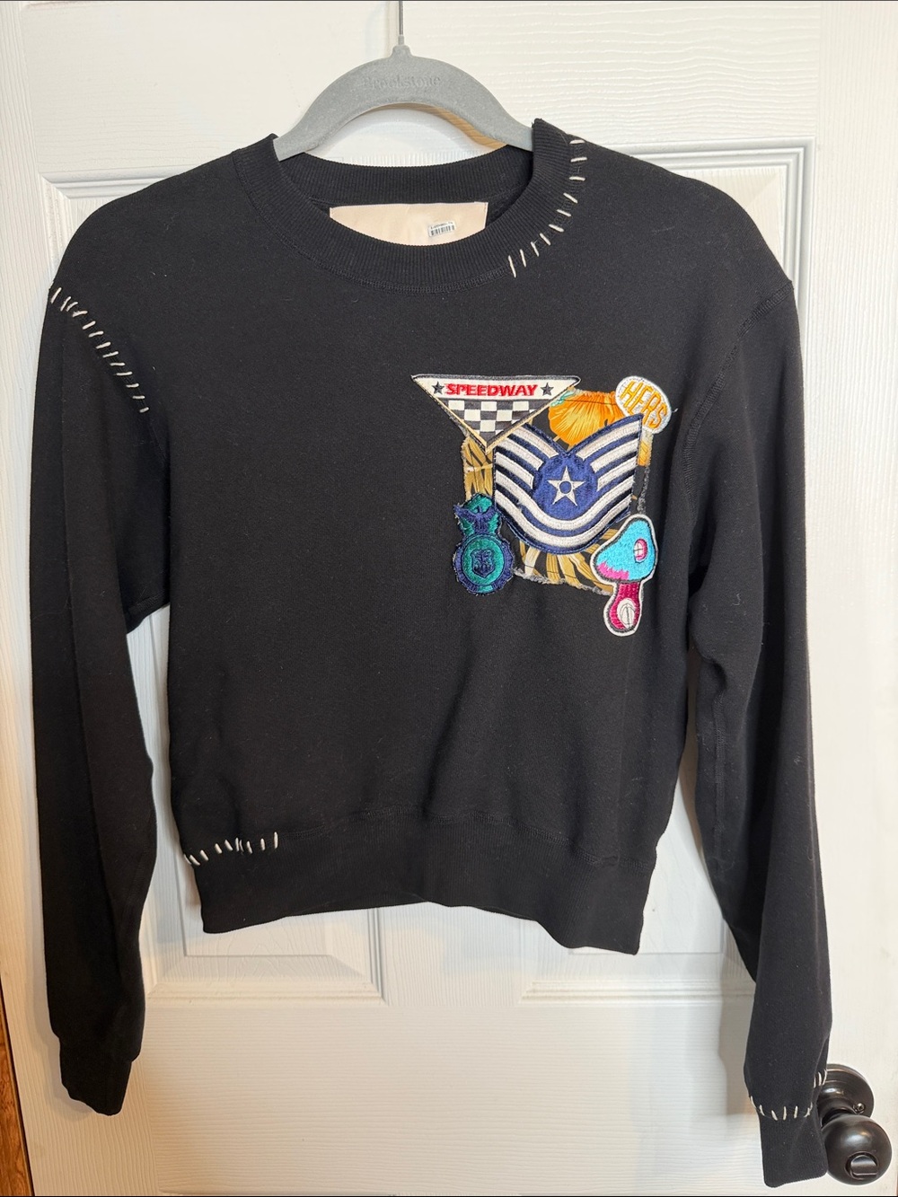 Rare Riley Black Embroidered Crewneck Sweater with Patch Appliqués Authentic 💯